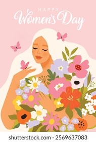 Beauty woman with blond hair holding a bouquet of spring flowersand butterflies. Vector concept of pastel colors for the Women's, Mother's day, Valentine's day, March 8 women's day.