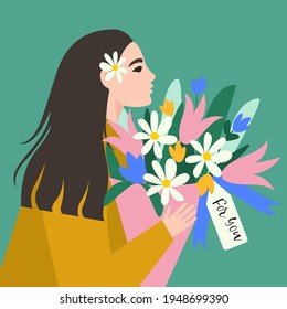Beauty woman with brown hair holding a bouquet of spring flowers. Vector concept of pastel colors for the Mother's day, Valentine's day, women's day.