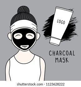 beauty woman with charcoal mask on face. vector illustration. sheet black treatment facial. 