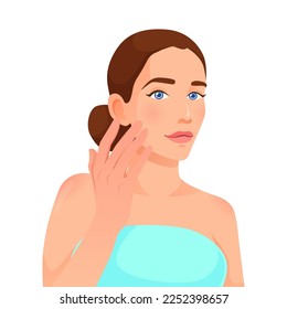 Beauty woman with clean skin care in cartoon style. Vector illustration isolated on white background.