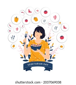 Beauty woman, cute girl feel happy eating diet food fresh salad for good health on world vegetarian day concept illustration