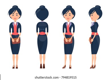 Beauty woman in cute suit vector illustration of young girl in dark jacket and skirt with bright red t-shirt, brown shoes, isolated on white backdrop