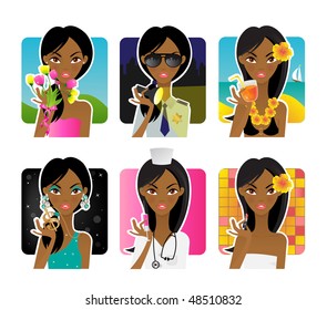 Beauty woman in different life situations set