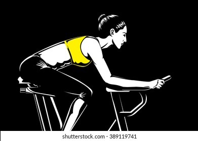 Beauty woman doing cycling with exercise bike at the gym. This illustration about fitness and sport.