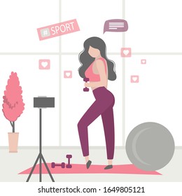 Beauty woman doing fitness. Athletic girl makes blog about healthy and sport lifestyle. Gym with dumbbells and fitball. Smartphone on tripod. Female vlogger character. Trendy vector illustration