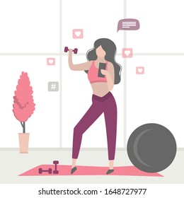 Beauty woman doing fitness and chatting on social networks. Athletic girl makes blog about healthy lifestyle. Gym with dumbbells and fitball. Funny female character. Trendy vector illustration