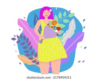 Beauty woman in a dress with pink hair holds a bouquet of flowers. Vector concept for Mother's Day, Birthday, Valentine's Day, March 8, Women's Day. Vector illustration 