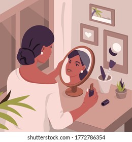 Beauty Woman at Dressing Table Looking at Mirror and doing Make Up. Girl Applying Lipstick in front of Cosmetic Mirror. Makeup and Beauty Care Routine Concept. Flat Cartoon Vector  Illustration.