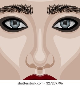 Beauty Woman Face with big blue Eyes, red glossy Lips and smoky Eyes Makeup. Vector Illustration