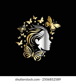 Beauty woman face with butterflies. Vector illustration for beauty salon, spa, cosmetics, fashion, beauty boutique.