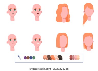 beauty woman face in different poses with various hairstyles. 