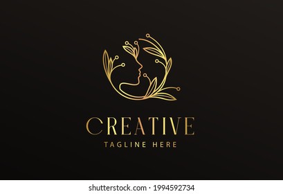 Beauty woman face flower with line art style Logo Design. Illustration of luxury decorative vintage floral woman face. Vector Design.