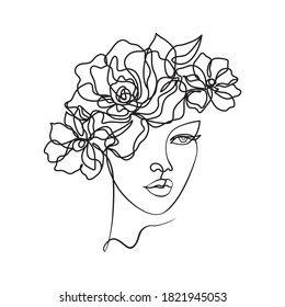 Beauty woman face with flowers line drawing art. Abstract minimal portrait continuous line. Woman with flowing hair 