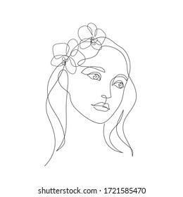 Beauty woman face with flowers one line drawing art. Abstract minimal portrait continuous line. Minimalist Orchids flowers in hair Vector illustration