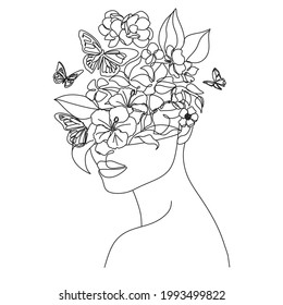 Beauty woman face with flowers One Line drawing art. Continuous line icon for spa salon or organic cosmetics logotype. Woman Face Line Vector 
