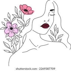 Beauty woman face with flowers One Line drawing art. Continuous line icon for spa salon or organic cosmetics logotype. Woman Face Line VectorWoman head with flowers composition. Hand-drawn vector line