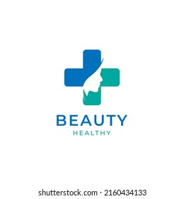 Beauty Woman Face With Healthcare Plus Sign Symbol Logo For Spa, Identity, Wellness, Health, Medical Or Science