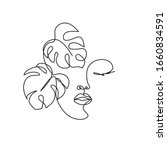 Beauty woman face with monstera leaves One Line drawing art. Continuous line icon for spa salon or organic cosmetics