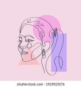 Beauty woman face in One Line drawing minimal art. Continuous one line woman portrait. Print for textile, poster, card, t-shirt, cosmetics. Hand drawn vector illustration, trendy fashion style.