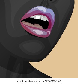 Beauty Woman Face with open Mouth. Black Paint on her Skin, pink and blue shiny Lips and perfect white Teeth