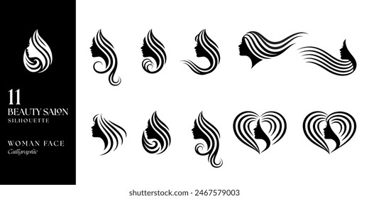 beauty woman face set in silhouette calligraph hairstyle for decorative, logo, beauty feminism concept vector editable