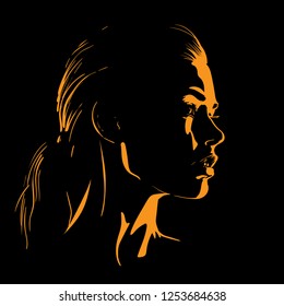 Beauty Woman Face silhouette in contrast backlight. Vector. Illustration.