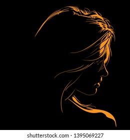 Beauty Woman Face Silhouette In Contrast Backlight. Vector. Illustration.