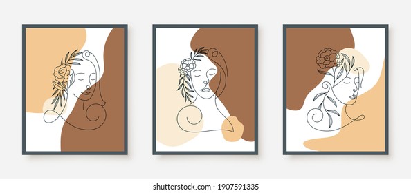 beauty woman faces in line art floral frame 