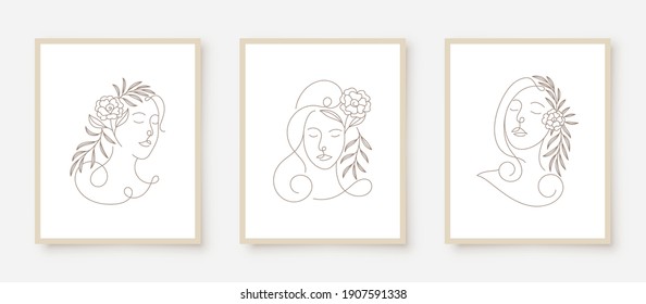 beauty woman faces in line art floral frame 