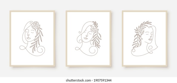 beauty woman faces in line art floral frame 
