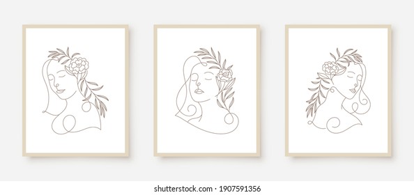 beauty woman faces in line art floral frame 