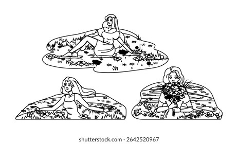 beauty woman flower field vector. bloom garden, meadow fragrance, wilds landscape beauty woman flower field character. people black line pencil drawing illustration