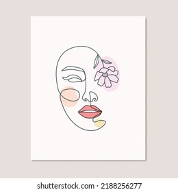 Beauty woman with flower girls abstract face one line art drawing poster