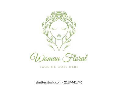 Beauty Woman Girl Lady Female Head Face with Floral Flower Leaf Line Outline for Herbal Wellness Spa or Cosmetics Logo Design Vector