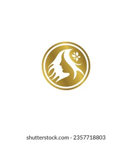 Beauty woman hair salon gold logo design. beauty woman logo design inspiration for skin care, salon and spa, women's long hair style icon, woman's face logo on a white background vector file gold colo