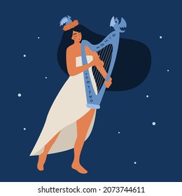 Beauty Woman With Harp And Dragons. Fantasy Vector Illustration. Flat Cartoon Characters For Fairy Tale.