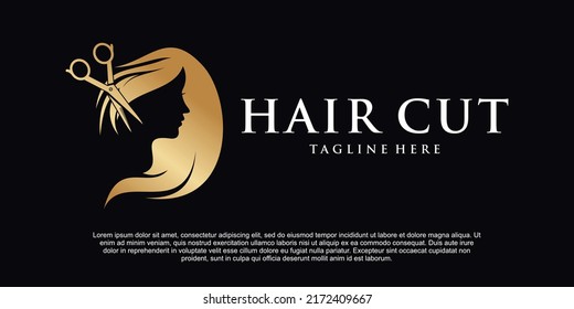 Mujer de belleza con el logo de su corte de pelo Vector Premium