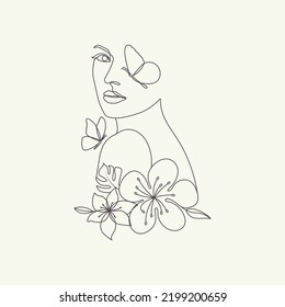 Beauty woman head with butterflies and flowers elegant line art drawing