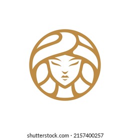 Beauty woman head in a circle badge logo design, beauty hair salon cosmetics vector icon
