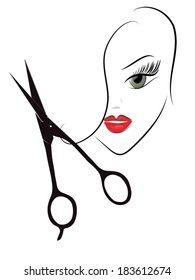 Beauty Woman Head and Scissors. Hairdresser Profession Shop