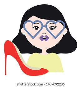 beauty woman with heart glasses and heel pop art style vector illustration