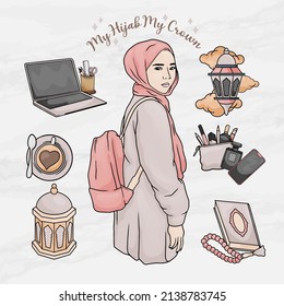 beauty woman hijab girl sticker element objects set template