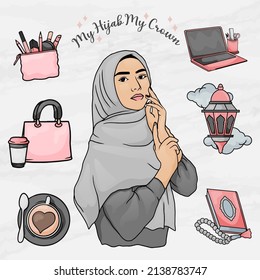 Beauty Woman Hijab Girl Sticker Element Objects Set Template