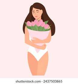Beauty woman holding a bouquet of tulips. The concept of beauty.  Wedding Day,Mother's Day, March 8 women's day.
