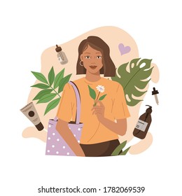 Beauty Woman Holding Reusable Shopping Bag and Choosing Different Eco Vegan Cosmetic. Natural Skin Care. Eco Lifestyle and Sustainability Consumerism Concept. Flat Cartoon Vector Illustration.