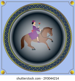 the beauty of a woman and horse
elegant lady sitting on a thoroughbred horse and holding a flower in her hand 

- drawing on the plate