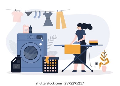 Beauty woman irons clean linen. female character does household chores - washing, ironing, cleaning home. Housekeeping, cleaning service. Washing process, laundry service. flat vector illustration