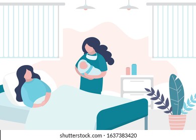 Beauty woman lies on bed after giving birth,nurse hold newborn baby. Room in the perinatal center. Interior with furniture. Health care and motherhood concept. Trendy vector illustration