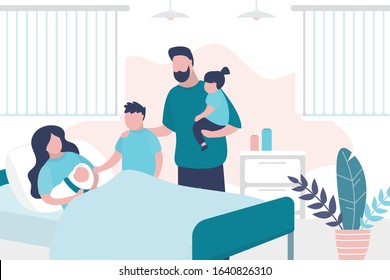 Beauty woman lies on bed after giving birth and hold newborn baby. Husband with children. Room in the perinatal center. Interior with furniture. Health care and motherhood concept. Trendy vector