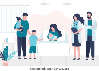 Beauty Woman Lies On Bed And Hold Newborn Baby. Patient With Family And Doctors. Room In The Perinatal Center. Medical Examination, Consultation Or Checkup. Health Care, Motherhood Concept. Vector